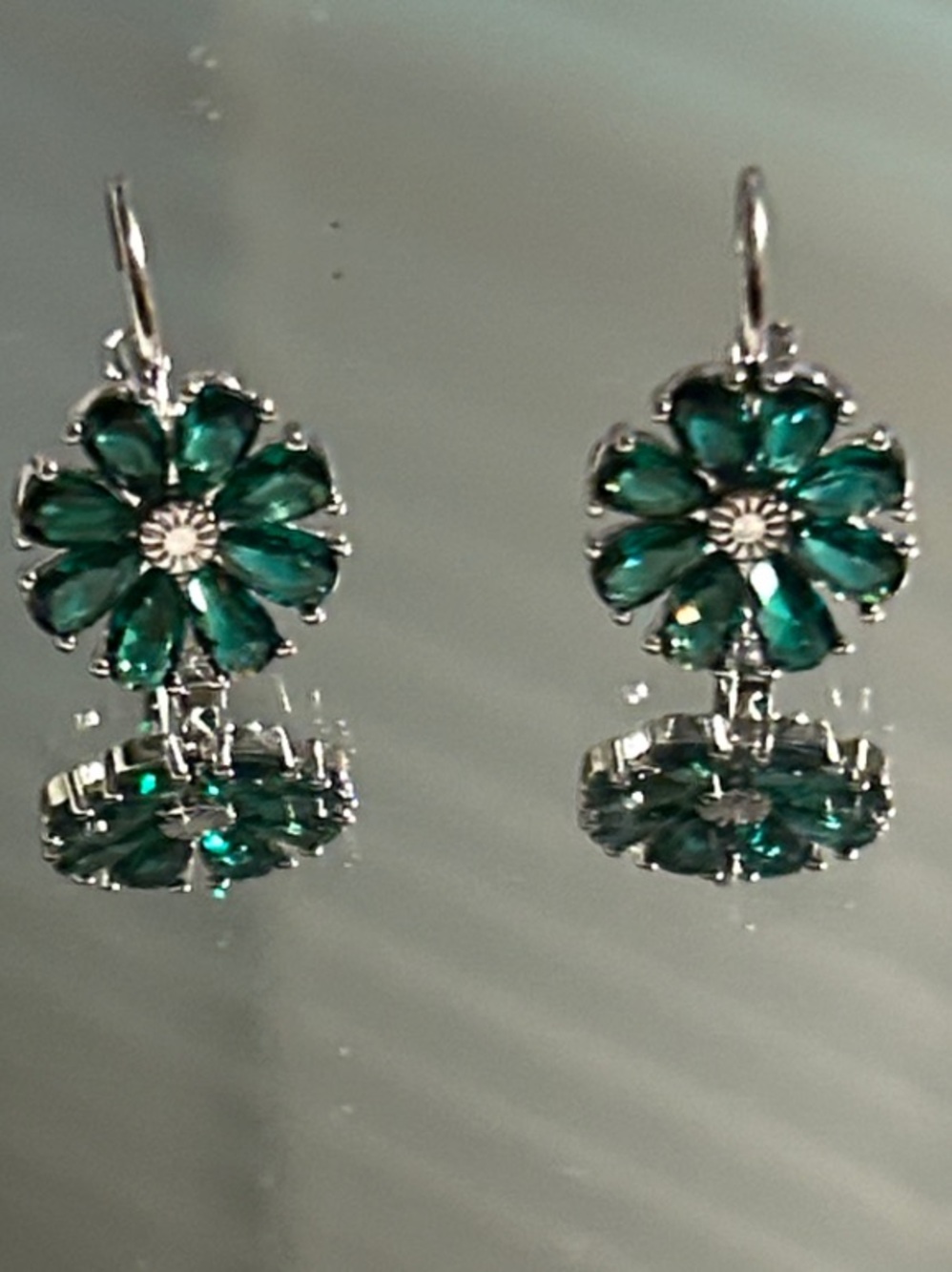 Emerald Drop Earrings Green Crystal Dangles Silver Plated NEW!